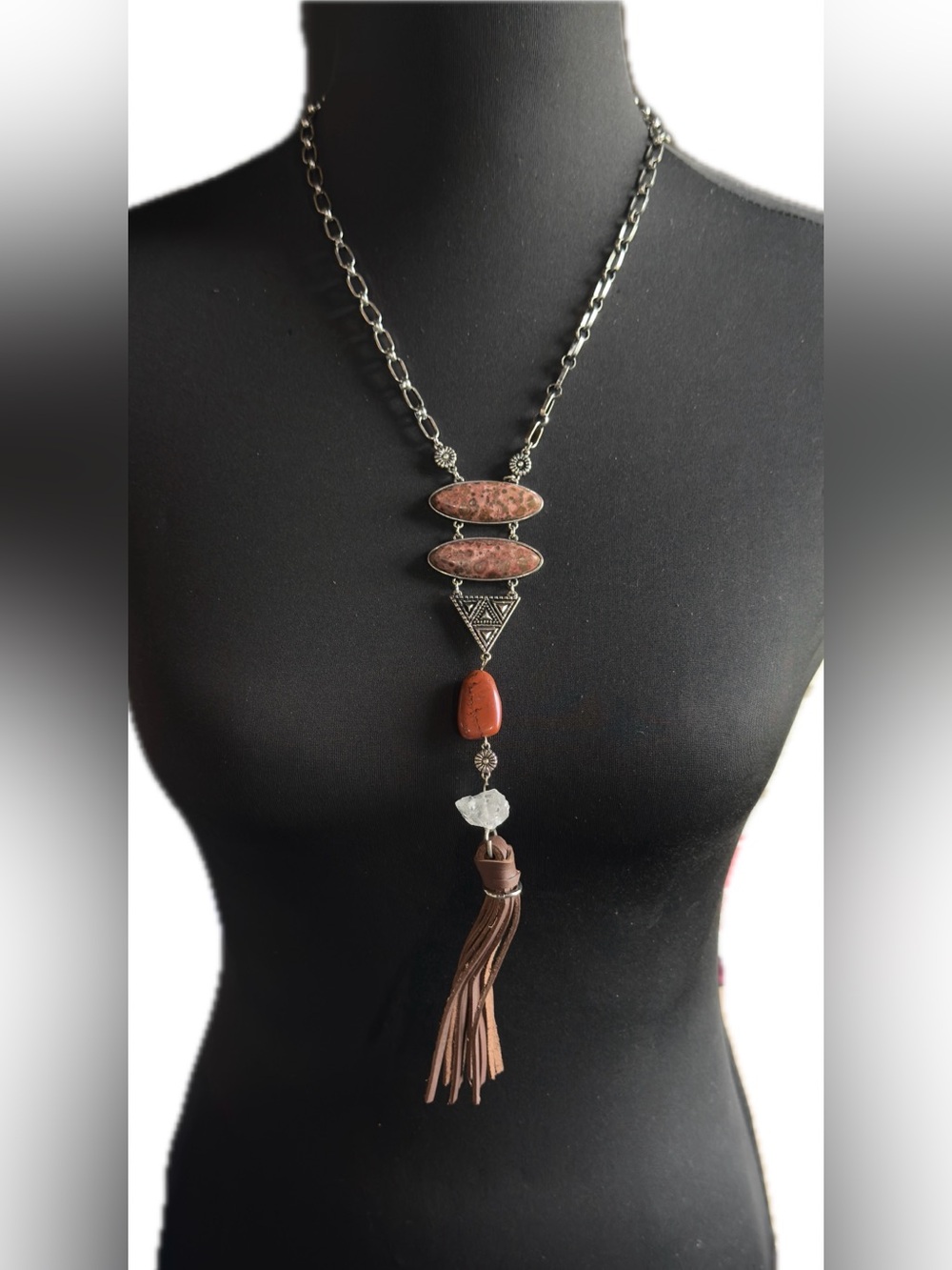 18”adjustable Shyanne Rust and Brown Stone Tassel Pendant Necklace